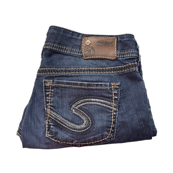 Silver Womens Blue Dark Contrast Stitch Embroidered Pockets Suki Capri Jeans 29 - Picture 5 of 9